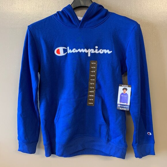 Champion Kids Logo Fleece Hoodie XL 14/16 Blue Pullover Sweatshirt - Picture 5 of 12